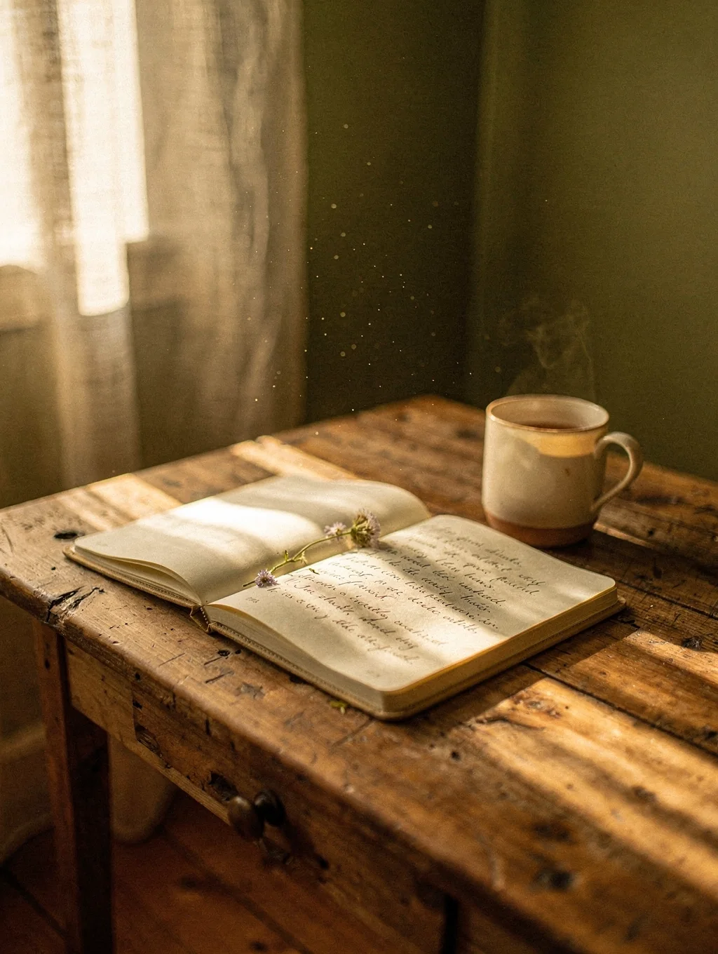 Mesa de investigación con cuadernos de notas, café y luz de mañana en el estudio
